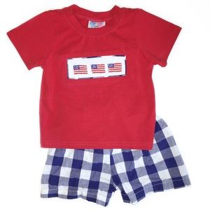 Smocked Tea | USA Patriotic Flag Smocked Tee T-Shirt Shorts Set Boys Size 12m